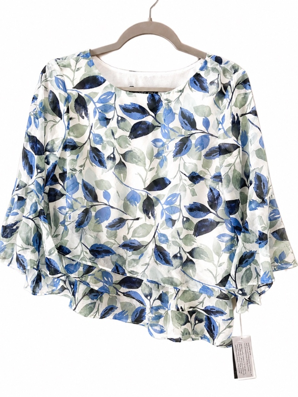 NWT Alex Evenings Asymmetrical Tiered Chiffon Blouse Leaf Print Size S